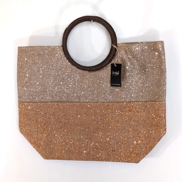 NWT Jute Lucky 7 Gold Glitter Bling Tote / Beach Bag / Travel Bag Round Handles - Picture 10 of 10